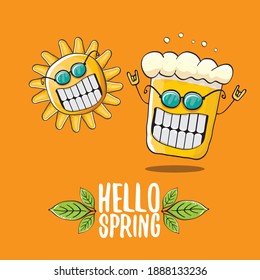Hello spring concept illustration with vector cartoon funky beer glass character, flowers, green leaves and spring orange sun character isolated on orange background.