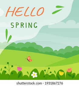 Hello spring concept. Square vector illustration of a spring landscape with flowers and a butterfly. Template for post or web banner with text