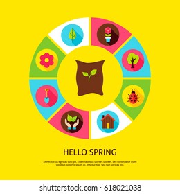 Hello Spring Concept. Vector Illustration of Nature Garden Infographics Circle with Icons.