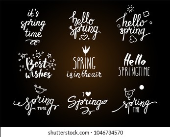 Hello Spring congratulations. Handwritten lettering & cute springtime symbols. Modern brush calligraphy & artistic elements for postcard, invitation, banner, poster, flyer templates. Vector set.
