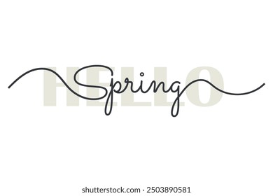 Hello Spring - continuous one line. Modern calligraphy quote line script word hello Spring 