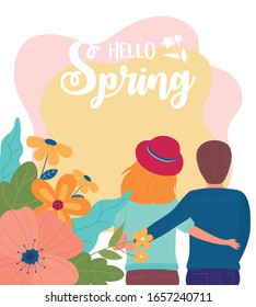 La pareja primaveral de adiós abrazó la caricatura flores románticas carta vectorial ilustración