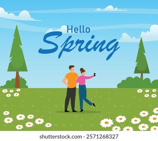 Hello Spring Couple in Nature 2d flat vector illustrations
