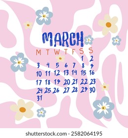 Hello Spring. Cozy March 2025 calendar collection. Cute vector printable flower calendar. Handwritten inscription of the month. Floral, botanical, insects vector elements