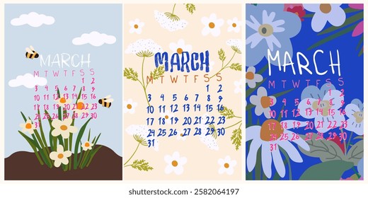 Hello Spring. Cozy March 2025 calendar collection. Cute vector printable flower calendar. Handwritten inscription of the month. Floral, botanical, insects vector elements