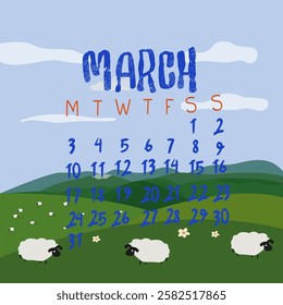 Hello Spring. Cozy March 2025 vector calendar. Handwritten inscription of the month. Green alpine mountains. Flat cartoon landscape with nature and sheep