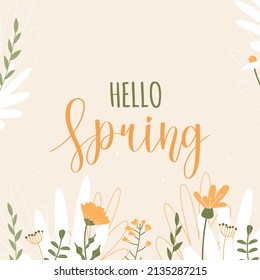 Hello spring. Cream banner with yellow and white spring flowers. Green leaves and twigs. Flat vector illustration