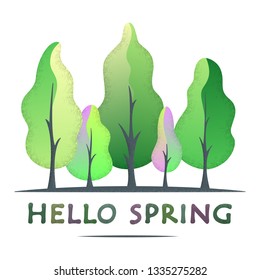 Hello spring - creative concept with spring tone forest. Semi flat design. For greeting card, poster and celebration banner, icon, logo, print, cards, and labels. Isolated vector illustration