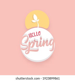 hello spring cut paper style label with ribbon isolated on soft muted pastel pink background. Hello spring icon design template with growing leaf