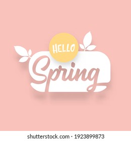 hello spring cut paper style label with ribbon isolated on soft muted pastel pink background. Hello spring icon design template with growing leaf