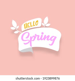 hello spring cut paper style label with ribbon isolated on soft muted pastel pink background. Hello spring icon design template with growing leaf