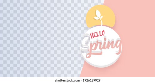 hello spring cut paper style horizontal banner with spring label and place for photo isolated on abstract pink background. Hello spring web banner design template with growing leaf