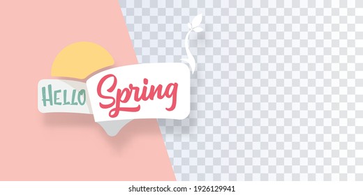 hola estilo de papel cortado primavera banner horizontal con etiqueta de resorte y lugar para foto aislada en fondo rosado abstracto. Plantilla de diseño de banner web de primavera con hoja de crecimiento
