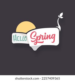 hello spring cut paper style label with ribbon isolated on grey background. Hello spring icon, banner and psoter design template with growing leaf