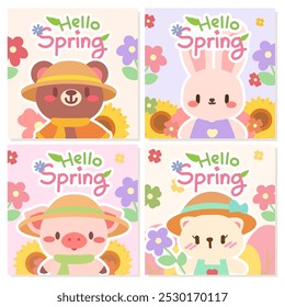 Olá Spring Com Personagens Animais Bonitos. Adorável primavera ilustração temática com um urso, coelho, porco e gato cercado por flores florescentes.