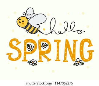 Hello Spring Cute Bee Doodle Cartoon Vector Illustration