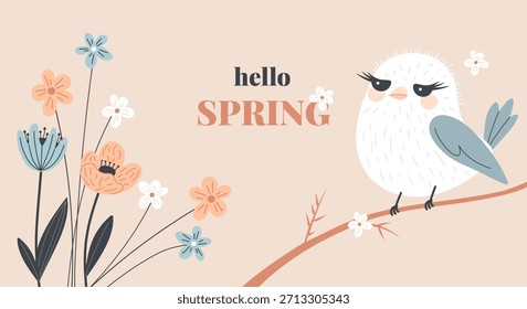 Hola Spring. Pájaro lindo en una rama y ramo de flores. Anuncio minimalista de primavera en Colores pastel. Ilustración vectorial.