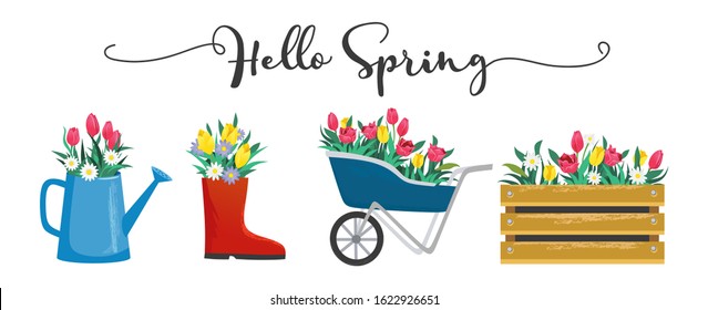 Hello spring cute card with blossoms and lettering vector illustration. Blooming flowers in shoe wooden box and watering can flat style. Greeting template and warm season concept. Isolated on white