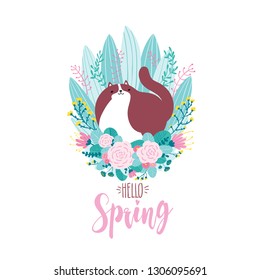 Hello Spring! Cute card with a cat in flowers and herbs in hand-drawn style. Pastel palette. Vector illustration.