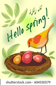 Hello spring cute card with colorful bird by nest with multicolored easter eggs, green text in grunge style, vector EPS 10