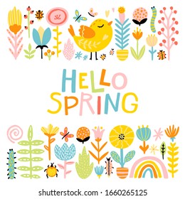 Hello spring. Cute cartoony bird in a flower border and comic lettering phrase with a rainbow in a colorful palette. Vector childish illustration in hand-drawn Scandinavian style.