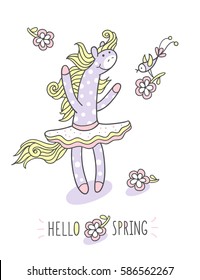 Hello spring. Cute character and graphic elements for kids design. Happy little pony in tutu skirt is dancing and funny bird brings her the flower. Perfect for spring season greeting or birthday card.