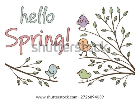 Hello Spring! A cute and cheerful greeting card with little birds on a tree branch with leaves. Spring cute illustration, elements for Decoration. Hand drawing doodles. Children's drawing style