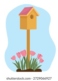 Olá primavera bonito decorativo pássaro casa com tulipas cor-de-rosa flores criando um humor sazonal fresco encantador