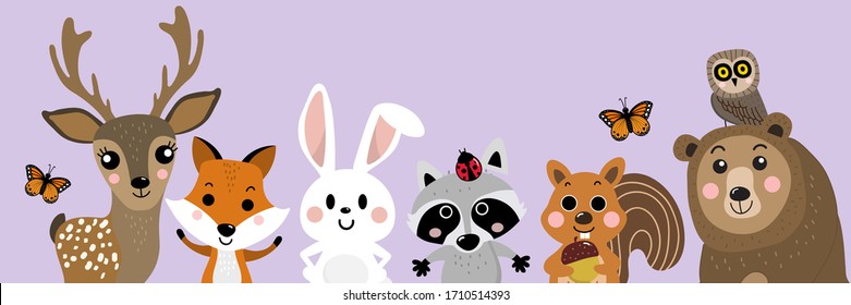 Hello spring with cute deer, rabbit squirrel, fox, bear, owl and raccoon background banner. Animal wildlife cartoon character vector.