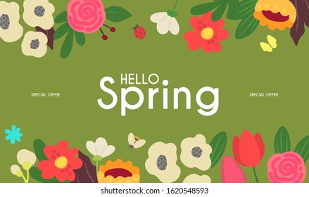 Hello, Spring! Cute floral background with trendy shape flowers.
