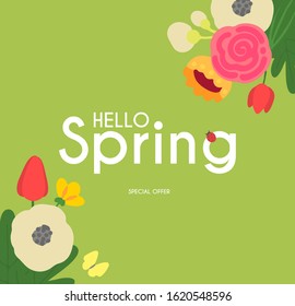 Hello, Spring! Cute floral background with trendy shape flowers.