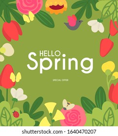 Hello, Spring! Cute floral background with trendy shape flowers.