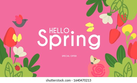 Hello, Spring! Cute floral background with trendy shape flowers.