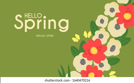 Hello, Spring! Cute floral background with trendy shape flowers.