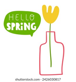 Hola primavera. Bonita flor en jarrón. Diseño plano. Vector aislado icono. Dibujado a mano ilustración.
