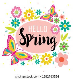 Hello spring with cute flowers and butterfly vector Illustration