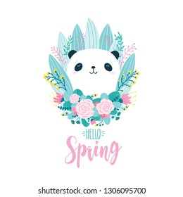 Hello Spring! Cute greeting card with a panda bear in flowers and herbs in hand-drawn style. Pastel palette. Vector illustration.