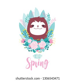 Hello Spring! Cute greeting card with a sloth bear in flowers and herbs. Pastel palette. Vector illustration in hand drawn style.