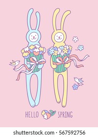 Hello spring. Cute hand drawn animal characters for kids design. Two little rabbits with big bouquets of daisy and tulips, and little birds on pink background.