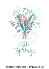 Hola primavera. Ilustración con ramo primaveral. Plantilla vectorial para tarjeta, afiche, volante, portada.