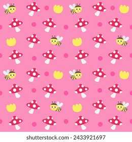 hello spring cute kids hand drawn mushroom tulip and bee symbol object vector illustration