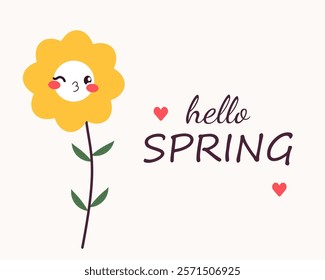 Hello spring. Cute mascot flower. Floral springtime illustration.