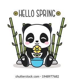 hello spring with cute panda and pot of flower