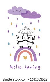 Hello spring. Cute pandas on a rainbow with an umbrella and funny clouds. Vector.