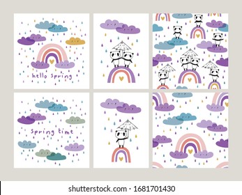 Hello spring. Cute pandas on a rainbow with an umbrella and funny clouds. Set of cards and seamless patterns. Baby design for kids apparel, nursery wall art, textile, wallpapers, gift wrap. Vector.