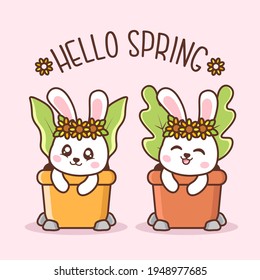 hello spring with cute rabbits inside pot