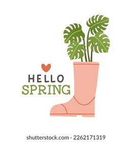 Hello spring. Cute rain boots with flowers plants. Hand drawn spring print, card, poster. Hand written text, lettering 