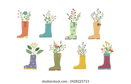 Hola primavera. Lindas botas de lluvia con flores y plantas. Impresión de primavera dibujada a mano, tarjeta, póster, estilo plano sobre fondo blanco para su diseño.