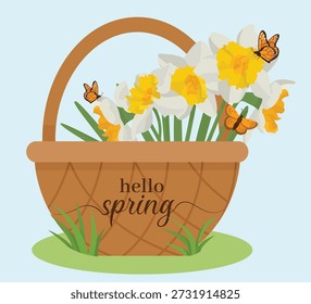 Hola primavera linda caja de ramitas con flores de narciso amarillo en hierba verde y mariposas de colores en diseño estacional
