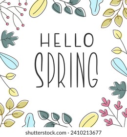 Hello Spring Cute Vector Hand Lettering with Colorful Leaves Background. Summer Leaves Drawn Frame.